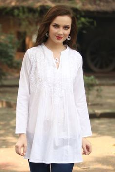 Long Sleeve Floral White Blouse Hand Embroidered in India - Ethereal Bloom | NOVICA Semi Long Tops Design, Long White Blouse, Gifts For Travelers, Short Kurti, Dresses Indian, Long Tunic, Designer Dresses Indian, Floral White, Cotton Blouse