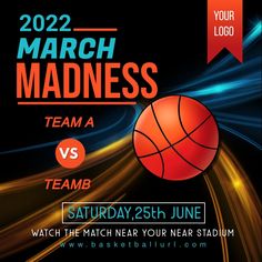 a poster for the march madness basketball game with a ball on it and an orange ribbon