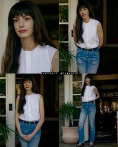 four pictures of a woman with long hair wearing jeans and a white shirt standing in front of a door