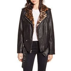 Brand New Levi's Faux Leather Faux Fur Collar Moto Jacket A Leopard Print Faux Fur Collar Tops This On-Trend Faux Leather Moto Jacket That Exudes Modern Appeal Size Medium Approx. 26" Length Fit: This Style Fits True To Size. Leopard Print Faux Fur Notch Collar Long Sleeves With Zip Cuffs Front Asymmetrical Zip Closure 3 Front Zip Pockets Faux Leather Construction Adjustable Buckled Hem Lined Faux Leather Motorcycle Jacket, Womens Moto Jacket, Pink Leather Jacket, Black Leather Biker Jacket, Trendy Jackets, Black Faux Leather Jacket, Levis Jacket, Faux Leather Moto Jacket, Black Denim Jacket