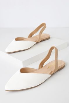 Lulus Exclusive! Step into style with the Lulus Mae White and Nude Pointed-Toe Slingback Flats! These vegan leather cuties are the perfect blend of chic and sensible with their low-maintenance flat sole, comfortable nude elastic slingback, and cute notched pointed-toe upper. 0. 25" rubber heel. Cushioned insole. Rubber sole has nonskid markings. All vegan friendly, man made materials. Imported. Lulus | Mae White and Nude Pointed-Toe Slingback Flats | Size 9 | Vegan Friendly. Everyday Synthetic Slingback Sandals For Spring, Synthetic Flat Heel Slingback Sandals, Chic Flat Synthetic Slingback Pumps, Casual Slingback Flats For Spring, Casual Spring Slingback Flats, Slip-on Flat Heel Slingback Sandals For Spring, Chic Flat Slingback Sandals For Everyday, Flat Synthetic Slingback Pumps For Spring, Beige Flat Synthetic Slingback Sandals