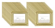 two gold frames with white lace on the edges and one has a place for an award