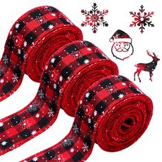 red and black christmas ribbon with snowflakes, santa's hat and reindeer