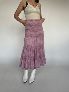 "Excellent vintage condtion with no noted flaws. Seen here on a women's size small, model is about 5'8\". 100% cotton, marked size small.  measurements are taken flat , not doubled  27\" waist 38\" hips 33\" long  - waist is elastic , with about 2 inches of stretch" Vintage Tiered Skirt Bottoms For Spring, Vintage Ruffled Skirt For Spring, Spring Vintage Skirted Bottoms, Vintage High-waist Skirt For Spring, Vintage Tiered Skirt For Summer, Retro Tiered Skirt For Spring, Vintage Lined Maxi Skirt For Spring, Spring Vintage Lined Maxi Skirt, Vintage Tiered Maxi Skirt For Spring