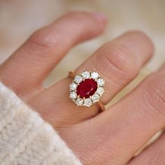 Ruby & Old European Cut Diamond Cluster Ring | Berlinger Jewelry Red Cluster Ring, Berlinger Jewelry, European Cut Diamonds, Diamond Cluster Ring, Diamond Cluster, Cluster Ring, Natural Diamonds, Garnet, Diamond Cuts