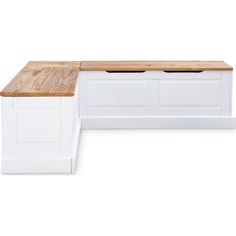 a white bench with two drawers and a wooden counter top on the left hand side