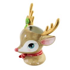 Celebrate The Season With Our Retro Reindeer Head Vase. The Adorable Retro Mid Century Inspired Head Vase In Hand-Painted In Shades Of Beige And Cream With Flat Gold Antlers. His / Her Nose Is Painted In A Lovely Shade Of Pink Raspberry.. 12 In H X 10 In W X 7 In D. Purchase includes 1 Figurine. Retro Reindeer, Reindeer Head, Pink Raspberry, Ceramic Vintage, Christmas Retro, Vase Ceramic, Head Vase, Christmas Store, Shades Of Beige