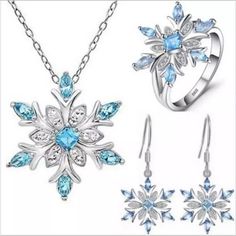 Brand New Frozen Snowflake Jewelry 3-Piece Set 925 Silver Necklace Ring Sz 6 Earrings Snowflake Ring, Girls Ring, Snowflake Jewelry, Snowflake Necklace, Snowflake Shape, Snowflake Earrings, Necklace Ring, Blue Snowflakes, Rings For Girls