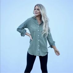 Super Cute Olive Button Up Top. It Is More Of A Tunic Length With A Super Comfy Fabric. Would Look Great With Leggings Distressed Button-up Tops For Fall, Trendy Button-up Top With Frayed Hem, Dark Wash Distressed Button-up Top, Casual Distressed Button-up Top, Boutique Tops, Button Up Top, Tunic Length, Chic Boutique, Heather Black