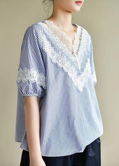 Handmade blue striped tops v neck patchwork lace Art top Materials used: cotton blendedMeasurement:Size XL/US16-18/EUR44 Shoulder 37cm / 14.43"Sleeve length 31cm / 12.09"bust 106cm / 41.34"length 61cm / 23.79"Size XXL/BUST-110cm Shoulder 38cm / 14.82"Sleeve length 32cm / 12.48"bust 110cm / 42.9"length 62cm / 24.18"We s Vintage Floral Blouse, Striped Tops, Art Top, Lace Art, Stripped Tops, Blue Striped Top, Curvy Girl Outfits, Floral Blouse, Summer Tops