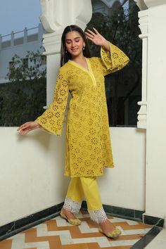 Yellow Iris Schiffli Kurta And Pant Set online in USA | Free Shipping , Easy Returns - Fledgling Wings Loose Sleeves Design For Kurtis, Pakistani Bell Sleeves Suit, Loose Sleeves Kurti, Bell Sleeves Kurti Pakistani, Festive Cotton V-neck Salwar Kameez, Cotton V-neck Kurta For Diwali, Spring Chikankari Embroidery V-neck Set, Loose Kurta For Women, V-neck Cotton Kurta With Resham Embroidery