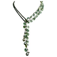 Luxury Green Lariat Necklace, Elegant Adjustable Green Lariat Necklace, Green Lariat Jewelry For Formal Occasions, Formal Green Lariat Jewelry, Elegant Green Lariat Necklace, Elegant Green Lariat Necklace As Gift, Elegant Handmade Multi-strand Lariat Necklace, Unique Green Long Drop Jewelry, Handmade Elegant Lariat Necklace