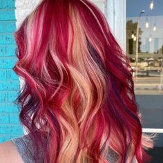 Pink Hair With Red Highlights, Blonde And Magenta Hair, Red Multicolor Hair, Red And Blonde Hair Color Highlights, Blonde With Red Peekaboo, Red Streaks In Blonde Hair, Multi Color Hair Ideas, Blonde And Red Hair Color Ideas, Halo Hair Color