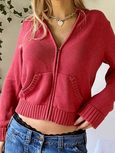 Solid Zip Up Open Front Knit Crop Cardigan Hooded Crop Knit Cardigan - AnotherChill Estilo Hipster, Korean Tops, Outfit Vintage, Cardigan Casual, Y2k Sweater, Jumpsuit Outfit, Hoodie Cardigan, Winter Hoodies, Red Sweater