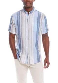 Crafted from a blend of soft fabrics, this printed short-sleeve shirt from Weatherproof Vintage is finished with a classic collared neckline and a button-front closure. | Weatherproof Vintage Men's Short Sleeve Linen Cotton Striped Shirt, Blue, Large Striped Shirt, Men Short Sleeve, Printed Shorts, Vintage Men, Short Sleeve Shirt, Soft Fabrics, Sleeve Shirt, Mens Short, Mens Outfits