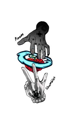 a drawing of two hands holding a frisbee with the words room on it