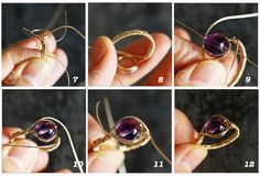 the steps to make a wire wrapped ring with amethorate beads are shown