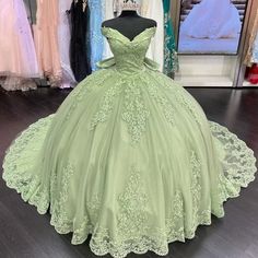 Sage Green Quinceanera Dresses, Sage Green Quinceanera, Green Quince Dress, Green Quinceanera Dresses, Green Quinceanera, Green Ball Gown, Quinceanera Themes Dresses, Green Princess, Pretty Quinceanera Dresses