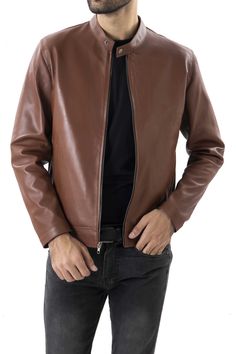 Mens Pure Sheep Leather Jacket – Jildleather Classic Leather Jacket With Zipper For Fall, Sleek Brown Leather Outerwear, Sleek Brown Business Outerwear, Classic Leather Jacket With Ykk Zipper For Fall, Brown Leather Biker Jacket With Stand Collar, Sleek Brown Leather Jacket, Classic Business Outerwear With Zipper Closure, Sleek Leather Jacket For Fall, Classic Business Leather Jacket With Zipper Closure