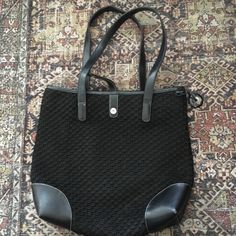 Must Be Vintage, Can't Find Duplicate Online, Looks Brand New Black Shoulder Bag With Snap Closure For Errands, Black Crochet Bag With Leather Handles For Shopping, Black Shoulder Bag With Leather Trim, Black Shoulder Bag With Leather Trim For Daily Use, Black Shoulder Bag With Leather Trim For Errands, Casual Leather Crochet Shopping Bag, Black Leather Trim Shoulder Bag For Shopping, Casual Leather Crochet Bag For Shopping, Casual Black Bag With Leather Trim