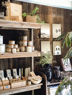 the shelves are filled with different types of items and plants in baskets on top of them