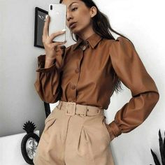 The Best New Fashion Shirt Women Long Lantern Sleeve Faux Leather Button-down Collar Top Casual Vintage Blouse Shirt Online - Source Silk Puff Long Sleeve Top, Puff Blouse, Leather Blouse, Puff Long Sleeves, Leather Shirt, Streetwear Fashion Women, Puff Sleeve Blouse, Women Shirt