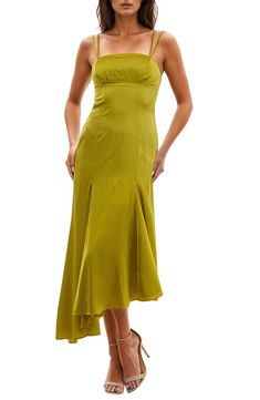 Indulge in the luxe feel of this silky and stretchy satin dress flaunting a fluttery asymmetric hem for beautiful animation. 55" length (size Small) Hidden back-zip closure Square neck Adjustable straps 95% polyester, 5% spandex Machine wash, line dry Imported Chartreuse Dress, Beautiful Animation, Satin Dress, Nordstrom Dresses, Asymmetric Hem, Satin Dresses, Square Neck, Green Dress, Floral Dress