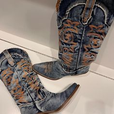 Brand New. Never Worn. Purchased A Month Ago. Pair With The Brand New Tan Dress In My Closet. Comes With Box And Paper. Western Denim Boots For Rodeo, Western Denim Blue Boots For Fall, Denim Blue Western Boots For Fall, Western Style Denim Blue Boots For Fall, Denim Blue Winter Boots, Casual Denim Blue Boots For Winter, Western Denim Boots With Round Toe, Casual Denim Boots For Winter, Western Denim Boots