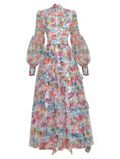 Long Sleeve Gown For Spring Garden Party, Spring Garden Party Gown With Long Sleeves, Spring Cocktail Midi-length Gown, Spring Cocktail Midi Gown, Summer Floral Print Maxi-length Gown, Summer Floral Print Maxi Gown, Summer Floral Maxi Gown, Summer Maxi Gown With Ruffles, Summer Maxi Length Gown With Ruffles