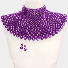 Make a bold statment with this beautiful piece!!!• Theme : Pearl • Necklace Size : 13" + 4" L• Earrings Size : 1.75" L Purple Office, Pearl Bib Necklace, Bohemian Bags, Mosaic Artwork, Necklace Purple, All Jeans, Purple Pearl, Office Dresses, Necklace Size