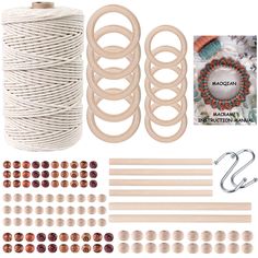 the supplies needed for making beaded bracelets are laid out on a white background