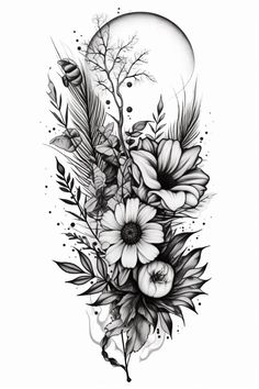 a black and white drawing of flowers on the side of a woman's face