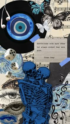 an altered collage with blue images and music notes on the side, including a skeleton