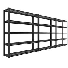 a black metal shelf with four shelves on each side and one section missing from the wall