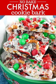 no bake christmas cookie bark recipe in a green bowl with the title overlay