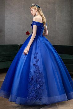 Blue Lace Long A-Line Ball Gown Blue Off the Shoulder Formal Evening Dress Royal Fitted Dress For Quinceanera, Royal Blue Gown For Debutante Ball, Royal Ball Gown Quinceanera Dress, Royal Quinceanera Ball Gown Dresses, Royal Blue Ball Gown For Banquets, Blue Sleeveless Gown For Banquet, Royal Dresses For Debutante Ball, Royal Blue Gown For Banquet, Blue Ball Gown For Banquet