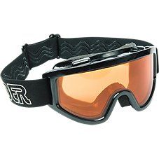 a pair of ski goggles with orange lens on a white background and black strap