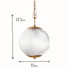 an image of a glass ball hanging from a chain on a light fixture with measurements