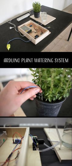 two pictures showing how to make an arduino plant watering system