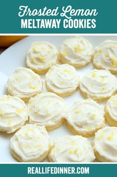 frosted lemon meltaway cookies on a white plate with the title text overlay