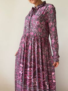 "Cute and comfy long floral tunic dress, maxi long and loose, oversized style perfect for fall and winter season Made in light silky material MEASURE size M Shoulder 18\" Bust 40\" Flared waist Length 55\" MATERIAL *polyester *no lining Thank You for looking" Flowy Long Sleeve Printed Maxi Dress, Flowy Floral Print Long Sleeve Maxi Dress, Long Sleeve Boho Print Maxi Dress, Modest Billowy Maxi Dress, Flowy Boho Print Maxi Dress With Long Sleeves, Billowy Long Sleeve Maxi Dress With Ruffles, Flowy Long Sleeve Maxi Dress With Ruffles, Billowy Long Sleeve Floral Maxi Dress, Chic Long Sleeve Maxi Dress With Boho Print