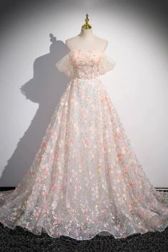 Beautiful Floor Length Sequins and Flowers Party Dress Off the Shoulde – Buyishang Dresses Champagne Formal Dresses, Prom Dresses Off The Shoulder, Prom Dress With Train, Fashion Fantasy, Floor Length Prom Dresses, Lace Formal Dress, Lace Prom Dress, Birthday Party Dress, Suzhou