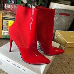 Never Worn, Leather Bootie Red Heels Steve Madden High Heels, Shoes Steve Madden, Red Heels, Heel Boots, Leather Booties, Steve Madden Shoes, Mid Calf, Bootie, Steve Madden