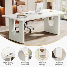 an office desk with white furniture in the middle and beige chairs around it, along with information about how to use