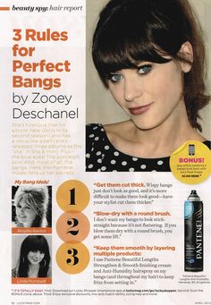 Zooey Deschanel Hair Bangs, Fringe Styling Tips, How To Style Thick Bangs, How To Take Care Of Bangs, Bangs Zooey Deschanel, Different Types Of Bangs Chart, Zooey Deschanel Bangs, Heavy Bangs Long Hair, Types Of Bangs Chart