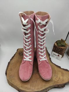 Pink Flat Boots, Medium Width High-top Suede Boots, Wide Calf Leather Mid-calf Lace-up Boots, Wide Calf Suede Boots With Round Toe, Suede Boots With Wide Calf And Round Toe, Leather Wide Calf Mid-calf Lace-up Boots, Pink Leather Mid-calf Boots With Round Toe, Pink Leather Mid-calf Boots For Winter, Pink Leather Moto Boots With Round Toe