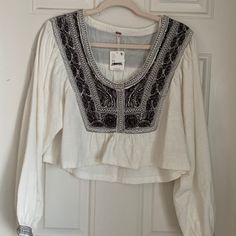 Nwt Xs Free People Scoop Neck Blouse Snap Button Closure Front Length 17” Slightly Lower On The Back Casual Embroidered Cropped Blouse, Casual Cropped Embroidered Blouse, Casual Embroidered Cropped Top, Casual Fitted Long Sleeve Embroidered Top, Casual Long Sleeve Embroidered Top, White Embroidered Cropped Blouse, Scoop Neck Blouse, Scoop Neck Blouses, Embroidered Top