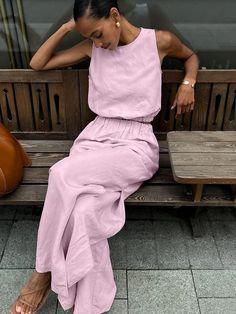 Casual Solid Color Sleeveless Top and Wide Leg Pants Set Split Pants, Crop Pullover, Mid Waist Pants, Linen Tank Top, Pant Suits, Linen Clothing, Loose Fabric, Linen Suit, Casual Vest