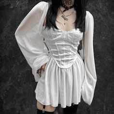 𝔇𝔢𝔱𝔞𝔦𝔩𝔰: Style: Goth, Fairy Grunge, Streetwear Materials: Chiffon & Polyester Soft & light Quantity: 1 pc You look heavenly in this white goth dress with its bell sleeves & beautiful corset Solid durable material, perfect for spring & summer Enjoy free shipping with a purchase of over 80$ SIZE WAIST LENGTH HIP BUSTS 25-28 in 28 in 33-36 in 33-35 inM 27-29 in 29 in 34-38 in 35-37 inL 28-31 in 29 in 36-39 in 37-39 inItem measured by hands may have 1-2in differences.SIZE WAIST LENGTH HIP BUSTS 6...