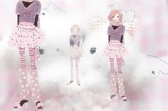 two paper dolls are standing in front of a pink background with white polka dots on it